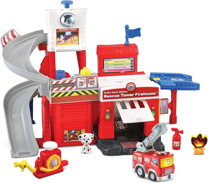 VTech ▫️ TutTut Posto de Bombeiros, Pista de Corrida de Carros Interactiva, Conjunto de Brinquedos, Inclui Camião de Bombeiros, Prenda para Crianças, 1 Ano de Idade, Versão ESP