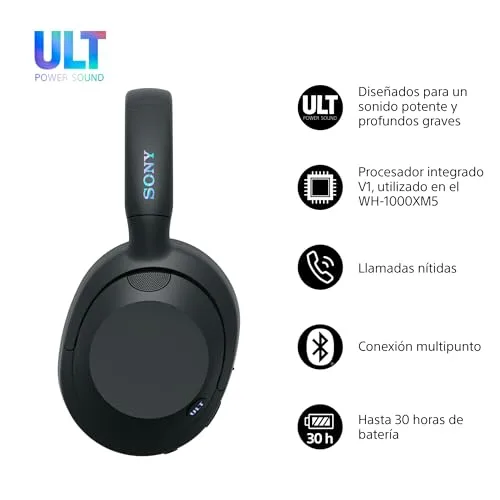Sony ▫️ Auscultadores sem fios ULT Wear com cancelamento de ruído, ULT Power Sound, Ultimate Deep Bass, o mesmo processador que os WH-1000XM5, chamadas nítidas, 30 horas de autonomia, compatíveis com iOS e Android, preto 2