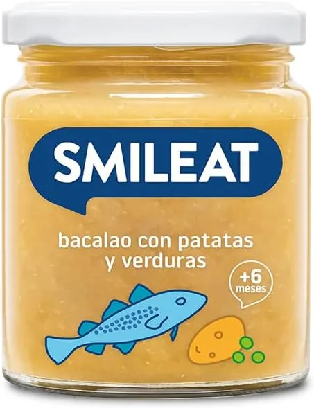 Smileat ▫️ Bacalhau com Batata e Legumes - para Crianças +6 Meses - Sem Açúcar nem Sal Adicionados - Matéria Prima de Qualidade. Textura suave e fácil de comer - 230g