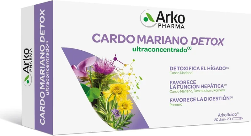 Arkopharma ▫️ Arkofluido Cardo Mariano Detox, 20 ampolas, suplemento alimentar com cardo mariano, desmodium e alecrim, desintoxica o fígado, favorece a função hepática e a digestão