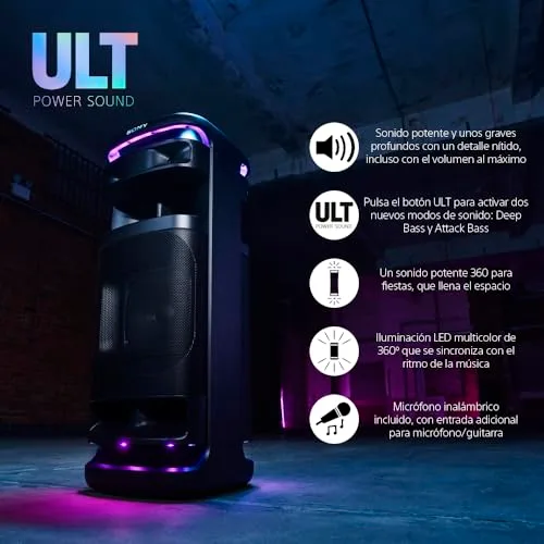 Sony ▫️ ULT TOWER 10, coluna Bluetooth para festas com ULT POWER SOUND e Deep Bass, altifalantes X-Balanced, iluminação LED 360°, funções para festas, microfone sem fios, portátil, rodas giratórias 2