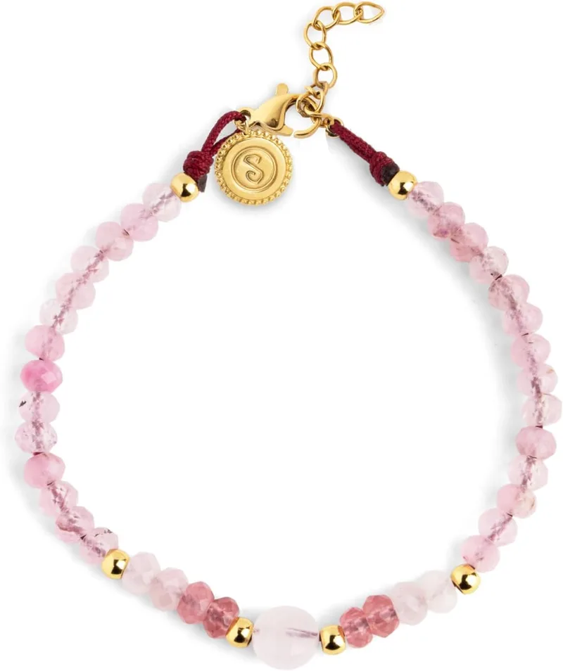 SINGULARU ▫️ Pulseira para Mulher Amulet Quartzo Rosa Aço com Banho de Ouro