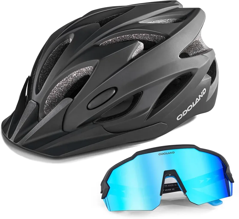 Odoland ▫️ Capacete de Bicicleta Flash com Óculos de Ciclismo Capacete de Bicicleta para Adultos para Bicicletas de Estrada e BTT Capacete de Ciclismo Leve e Ajustável para Homens e Mulheres