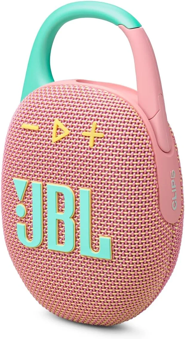 JBL ▫️ Clip 5, Coluna Bluetooth portátil sem fios, IP67 à prova de água e de poeira, até 12h de reprodução e mais com o Playtime Boost ligado, cor-de-rosa