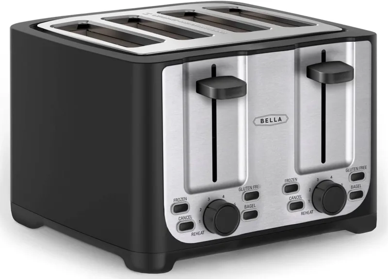 Bella ▫️ Torradeira de 4 fatias com desligamento automático, ranhuras extra largas e tabuleiro para migalhas amovível, função Cancelar, Descongelar e Reaquecer, aço inoxidável e preto