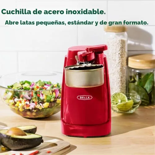 BELLA ▫️ Abridor de Latas Elétrico e Afiador de Facas, Abridor Multifuncional de Frascos e Garrafas com Alavanca de Corte Removível e Compartimento para Guardar o Cabo, Lâmina em Aço Inoxidável, Vermelho 4