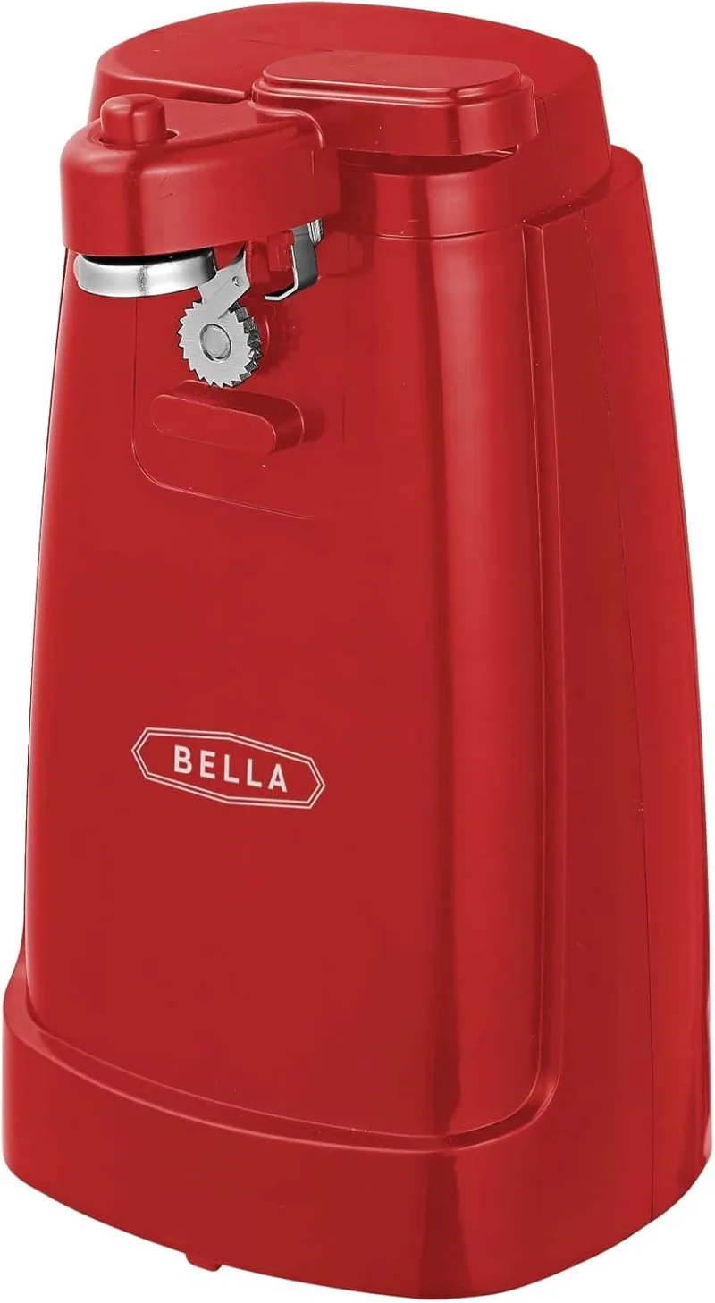 BELLA ▫️ Abridor de Latas Elétrico e Afiador de Facas, Abridor Multifuncional de Frascos e Garrafas com Alavanca de Corte Removível e Compartimento para Guardar o Cabo, Lâmina em Aço Inoxidável, Vermelho