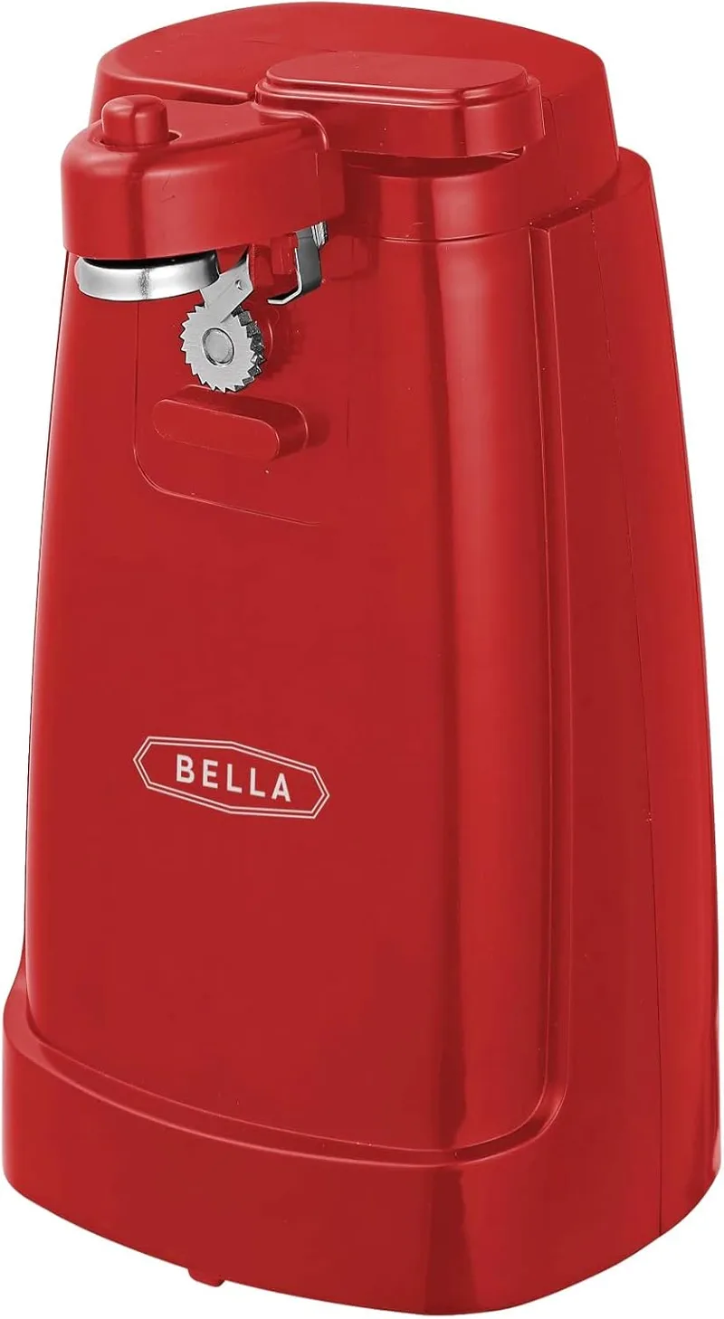 BELLA ▫️ Abridor de Latas Elétrico e Afiador de Facas, Abridor Multifuncional de Frascos e Garrafas com Alavanca de Corte Removível e Compartimento para Guardar o Cabo, Lâmina em Aço Inoxidável, Vermelho