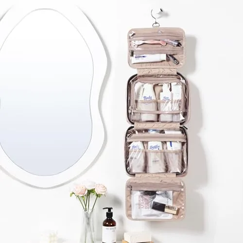 NISHEL ▫️ Bolsa de viagem para mulher, organizador portátil com gancho para champô, amaciador, conjunto de escovas de tamanho normal e acessórios de tamanho de viagem, rosa, tamanho médio, bolsa de higiene pessoal de viagem 2