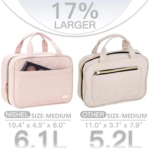 NISHEL ▫️ Bolsa de viagem para mulher, organizador portátil com gancho para champô, amaciador, conjunto de escovas de tamanho normal e acessórios de tamanho de viagem, rosa, tamanho médio, bolsa de higiene pessoal de viagem 3
