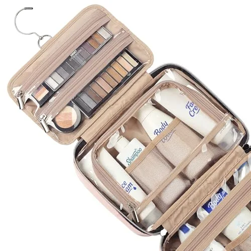 NISHEL ▫️ Bolsa de viagem para mulher, organizador portátil com gancho para champô, amaciador, conjunto de escovas de tamanho normal e acessórios de tamanho de viagem, rosa, tamanho médio, bolsa de higiene pessoal de viagem 4