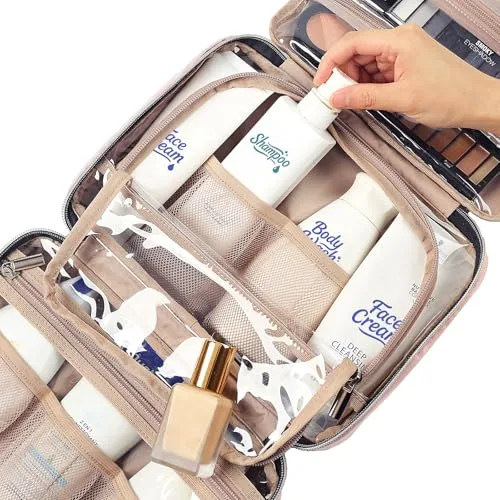NISHEL ▫️ Bolsa de viagem para mulher, organizador portátil com gancho para champô, amaciador, conjunto de escovas de tamanho normal e acessórios de tamanho de viagem, rosa, tamanho médio, bolsa de higiene pessoal de viagem 5