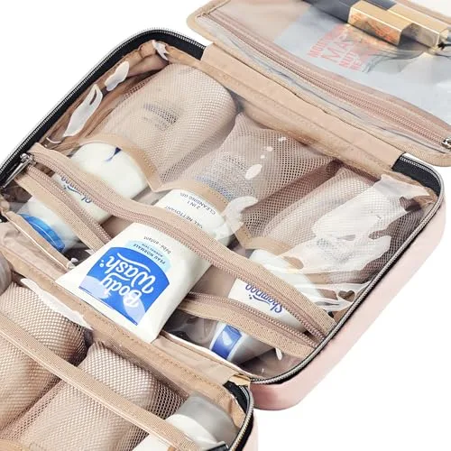 NISHEL ▫️ Bolsa de viagem para mulher, organizador portátil com gancho para champô, amaciador, conjunto de escovas de tamanho normal e acessórios de tamanho de viagem, rosa, tamanho médio, bolsa de higiene pessoal de viagem 6