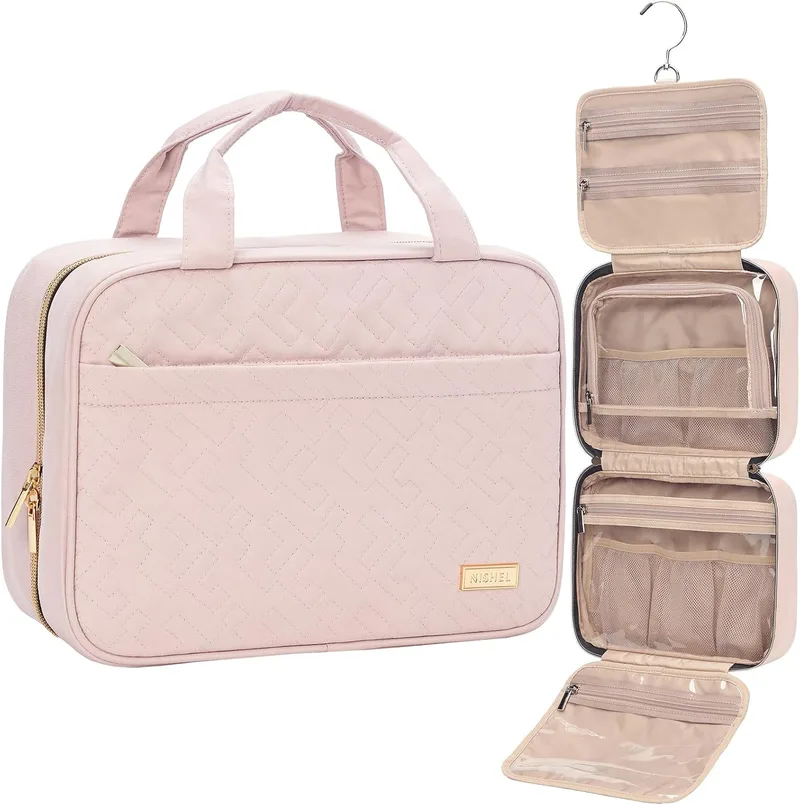 NISHEL ▫️ Bolsa de viagem para mulher, organizador portátil com gancho para champô, amaciador, conjunto de escovas de tamanho normal e acessórios de tamanho de viagem, rosa, tamanho médio, bolsa de higiene pessoal de viagem