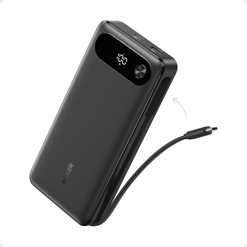 Anker ▫️ Carregador portátil de 20 000 mAh com cabo USB-C integrado, bateria com carregamento rápido de 87 W, 2 portas USB-C e A, para MacBook, iPhone séries 17, 16, 15 e 14, Samsung, Switch e muito mais