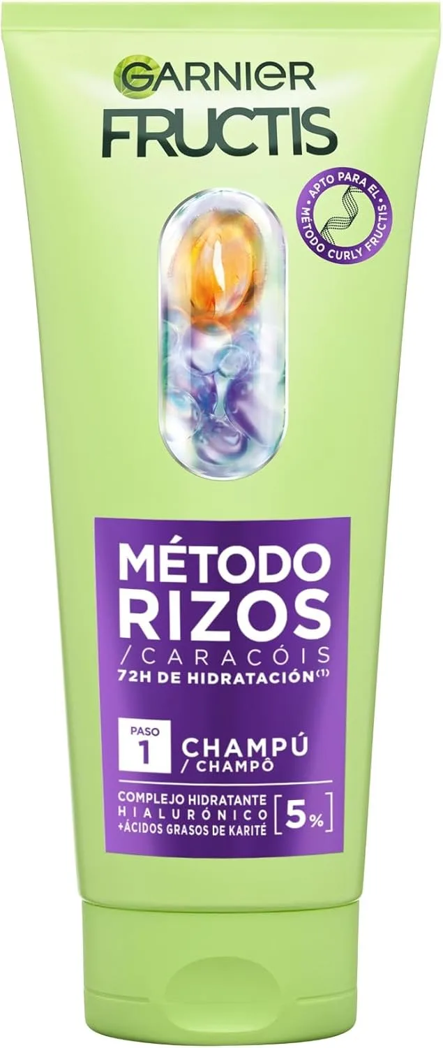 Garnier ▫️ Fructis Método Rizos Champô com Ácido Hialurónico e Karité, 200 ml | Para Cabelo Encrespado, 72 horas de Hidratação, Anti-encrespamento, Vegano, Sem Sulfatos, Sem Silicones, Método Rizos