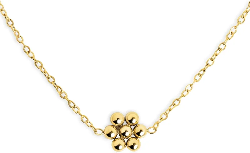 SINGULARU ▫️ Colar Tiny Daisy. Aço com acabamento banhado a ouro de 18 quilates. Corrente com bolinhas. Joias para mulher