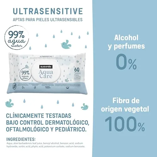 SUAVINEX ▫️ Embalagem de 60 toalhitas para bebé Aqua Care, húmidas com 99% de água 3