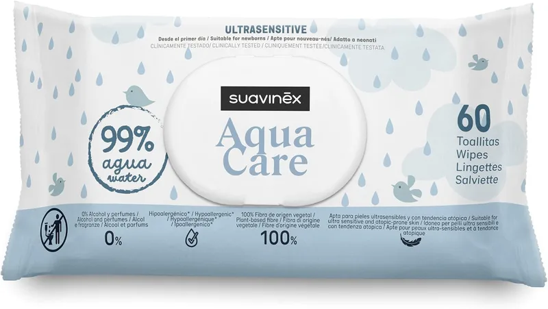SUAVINEX ▫️ Embalagem de 60 toalhitas para bebé Aqua Care, húmidas com 99% de água