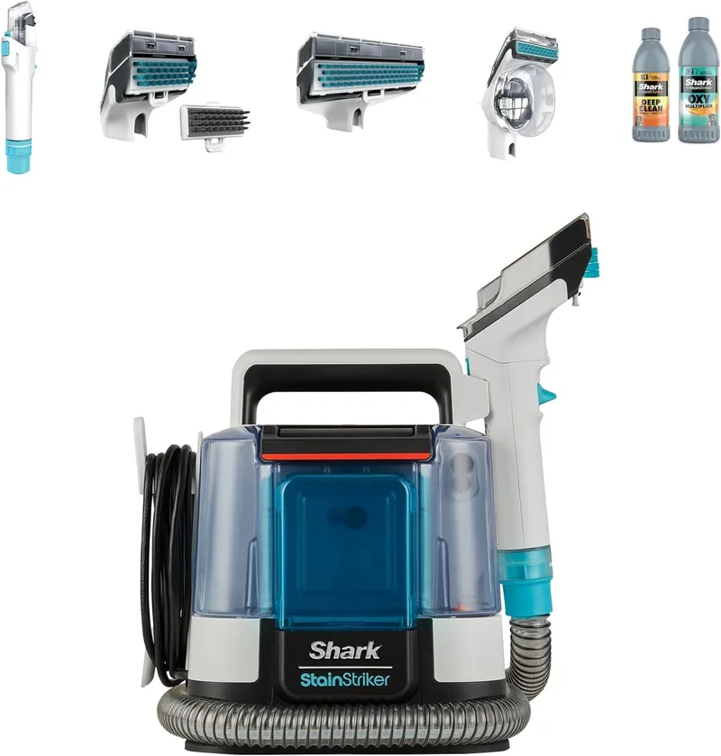Shark ▫️ StainStriker, Aspirador de manchas com 5 acessórios, 450 W, PX200EUT | Mini-escova para pêlos de animais de estimação, bocal estreito, tubo de limpeza, 2 soluções de limpeza incluídas, leve e portátil