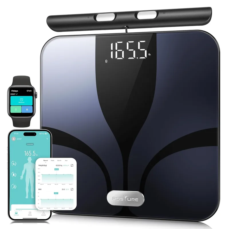 POSTURE ▫️ Balança de casa de banho inteligente com 8 elétrodos, balança de gordura corporal e massa muscular com 28 indicadores (IMC/gordura/proteínas/músculo) e aplicação Bluetooth, função de voz, 180 kg