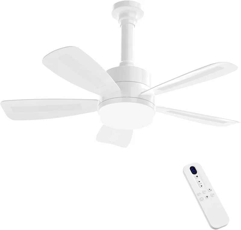REYLAX ▫️ Ventilador de Teto com Luz, Ventilador de Teto com Lâmpada LED E27 de 50cm, 2000LM Regulável, 3 Temperaturas de Cor, 6 Velocidades, Temporizador, Adequado para Quarto, Cozinha, 5 Pás, Branco
