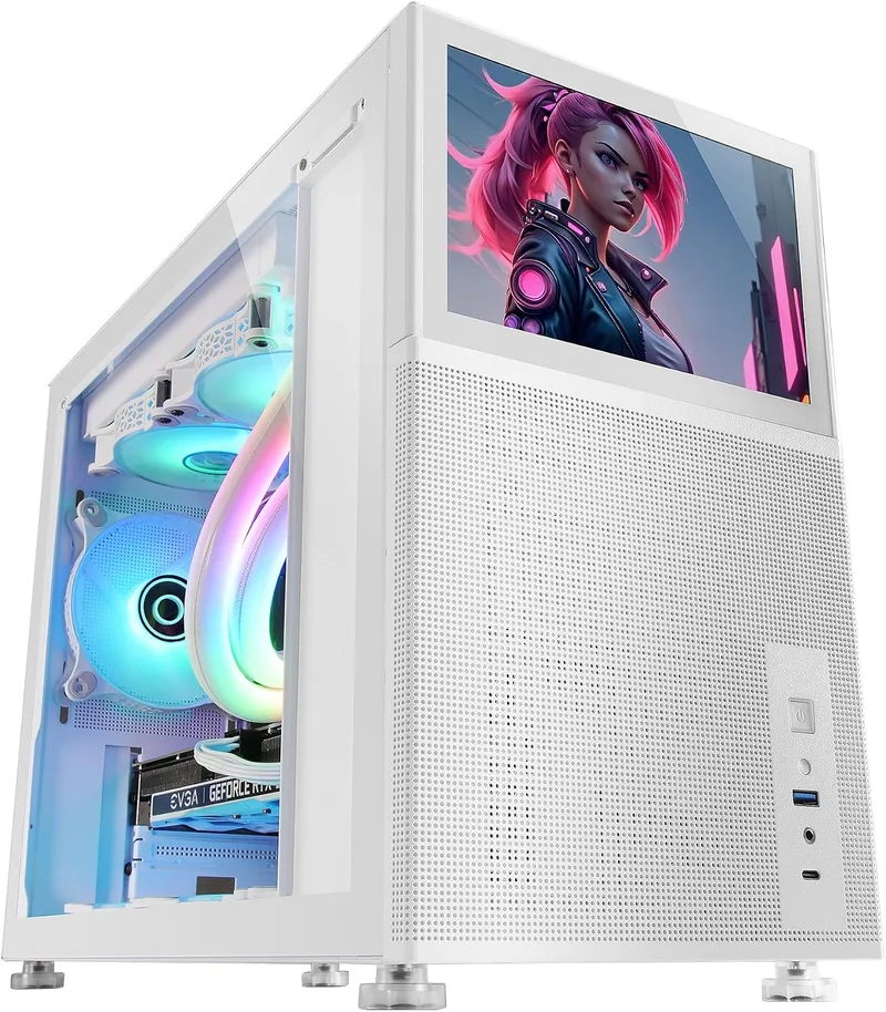 Mars Gaming ▫️ MC-LCD, Caixa de PC compacta Micro-ATX, Ecrã LCD IPS de 8", Grelhas laterais, superiores e frontais em malha, Janela lateral em vidro temperado, Minitorre para jogos com design de painel modular, Branco