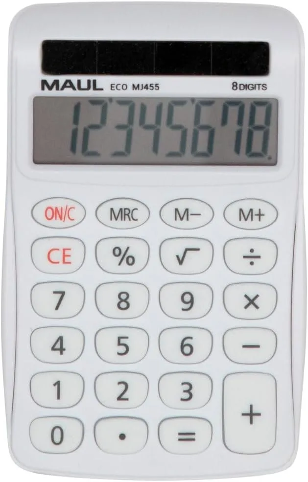 MAUL ▫️ Eco Calculator MJ 455 | Calculadora básica com ecrã de 8 dígitos | Calculadora solar de plástico 80% reciclado | Calculadora pequena 11,2 x 7,1 x 2 cm | Branca