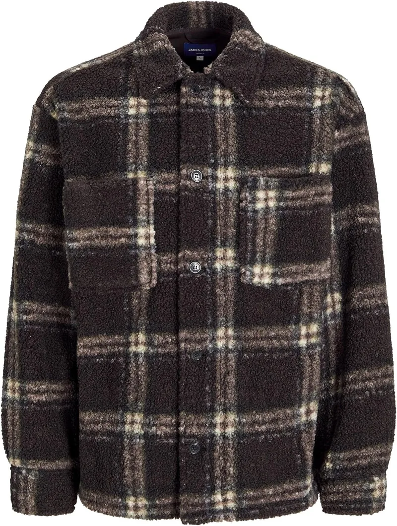 JACK & JONES ▫️ Camisola de homem com botões e gola, com padrão xadrez Teddy.