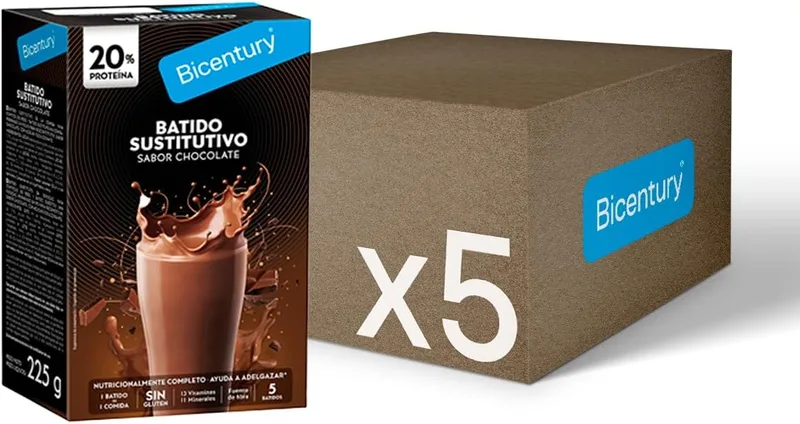 Bicentury ▫️ Batido substituto com proteína, sabor a chocolate, 16 g de proteína por batido, nutricionalmente completo com os nutrientes necessários para substituir uma refeição principal — Caixa de 5 unidades