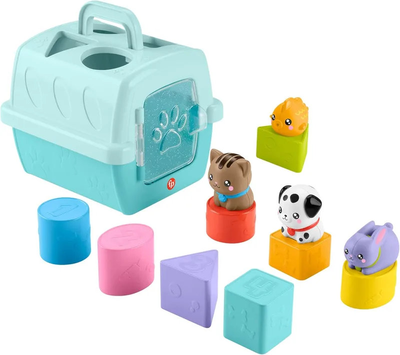 Fisher-Price ▫️ FP Pets Caixa de Transporte «Classifica e Guarda», Brinquedo para classificar formas com atividades de motricidade fina para bebés a partir dos 6 meses, HTW93
