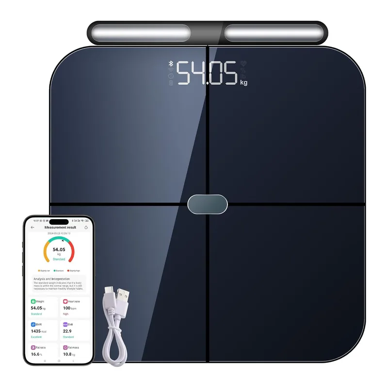 Healthkeep ▫️ Balança conectada via Wi-Fi e Bluetooth com 8 elétrodos de alta precisão, 46 parâmetros corporais para aplicações Android e iOS, capacidade de 180 kg/400 lb, 30 x 30 cm