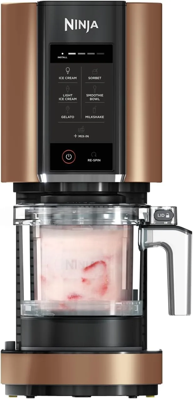 Ninja ▫️ Máquina de gelados multifunções CREAMi, capacidade de 1,4 l, 3 recipientes, 7 programas, gelado, gelato, sorvete, taça de batido, batido de leite e muito mais, preto/cobre, NC300EUCP