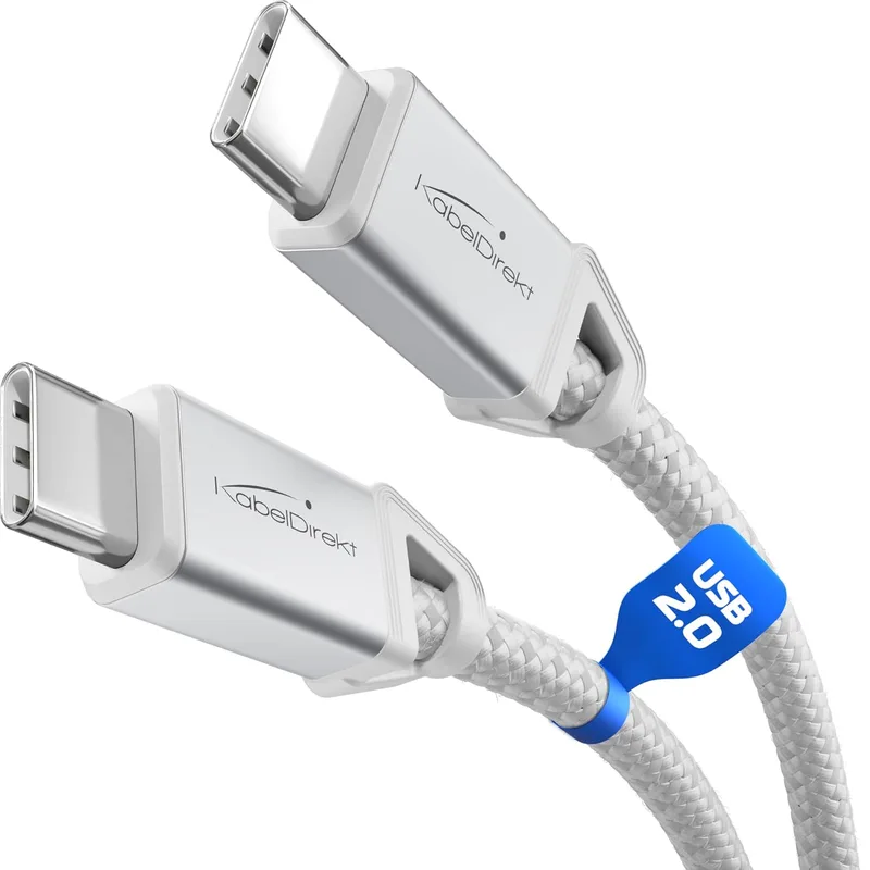 KabelDirekt ▫️ Cabo de carregamento rápido USB-C, conectores metálicos + trança de nylon, USB 2.0 - 2x 2m (carregamento de telemóvel/portátil com 60W, ideal como cabo de carregamento/dados, branco)