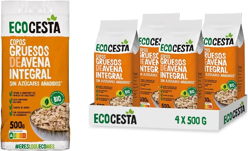 ECOCESTA MEJOR CADA DIA ▫️ ECOCESTA MELHOR CADA DIA - Embalagem de 4 unidades de Flocos de Aveia Integrais Biológicos 500 g - Sem Açúcar Adicionado - Adequado para Veganos - Alto Teor de Fibras e Proteínas