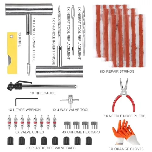 QUNNIE ▫️ Conjunto de reparação de pneus, 48 peças, ferramentas universais de reparação de pneus para reparação de furos e conectores, ferramentas de reparação para automóveis, motos, 2