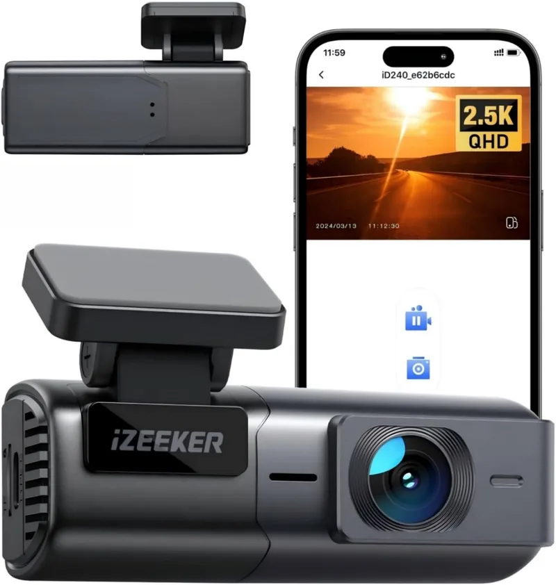 iZEEKER ▫️ 2.5K Dashcam com Wi-Fi para Automóveis, Mini-câmara para automóvel 1440P com aplicação, visão noturna, WDR, sensor G, gravação em loop, compatível com o modo de estacionamento 24 horas, aviso por voz