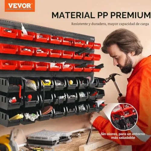 VEVOR ▫️ Estante de plástico com 48 caixas de arrumação para oficina e garagem, com painéis de parede, organizador de ferramentas para porcas, parafusos, pregos, botões e peças pequenas, preto/vermelho 2