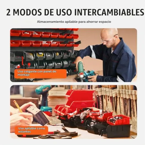 VEVOR ▫️ Estante de plástico com 48 caixas de arrumação para oficina e garagem, com painéis de parede, organizador de ferramentas para porcas, parafusos, pregos, botões e peças pequenas, preto/vermelho 3