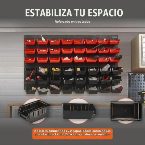 VEVOR ▫️ Estante de plástico com 48 caixas de arrumação para oficina e garagem, com painéis de parede, organizador de ferramentas para porcas, parafusos, pregos, botões e peças pequenas, preto/vermelho 4