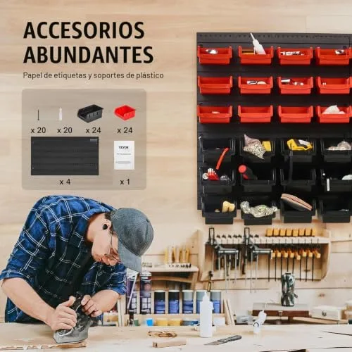 VEVOR ▫️ Estante de plástico com 48 caixas de arrumação para oficina e garagem, com painéis de parede, organizador de ferramentas para porcas, parafusos, pregos, botões e peças pequenas, preto/vermelho 5