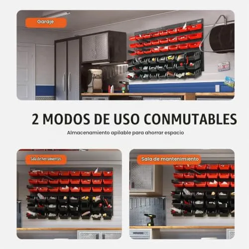 VEVOR ▫️ Estante de plástico com 48 caixas de arrumação para oficina e garagem, com painéis de parede, organizador de ferramentas para porcas, parafusos, pregos, botões e peças pequenas, preto/vermelho 6