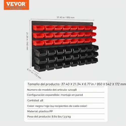 VEVOR ▫️ Estante de plástico com 48 caixas de arrumação para oficina e garagem, com painéis de parede, organizador de ferramentas para porcas, parafusos, pregos, botões e peças pequenas, preto/vermelho 7