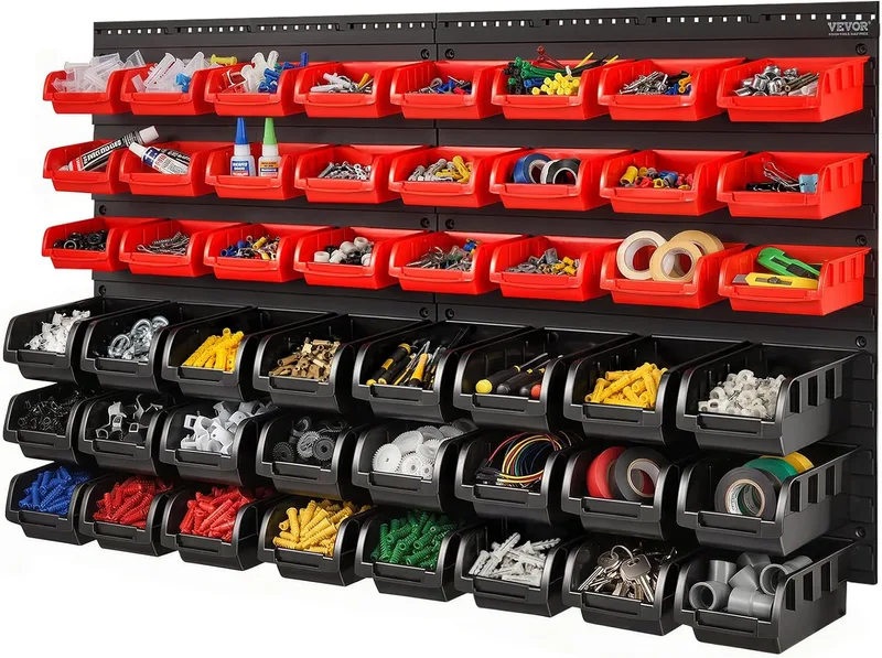 VEVOR ▫️ Estante de plástico com 48 caixas de arrumação para oficina e garagem, com painéis de parede, organizador de ferramentas para porcas, parafusos, pregos, botões e peças pequenas, preto/vermelho