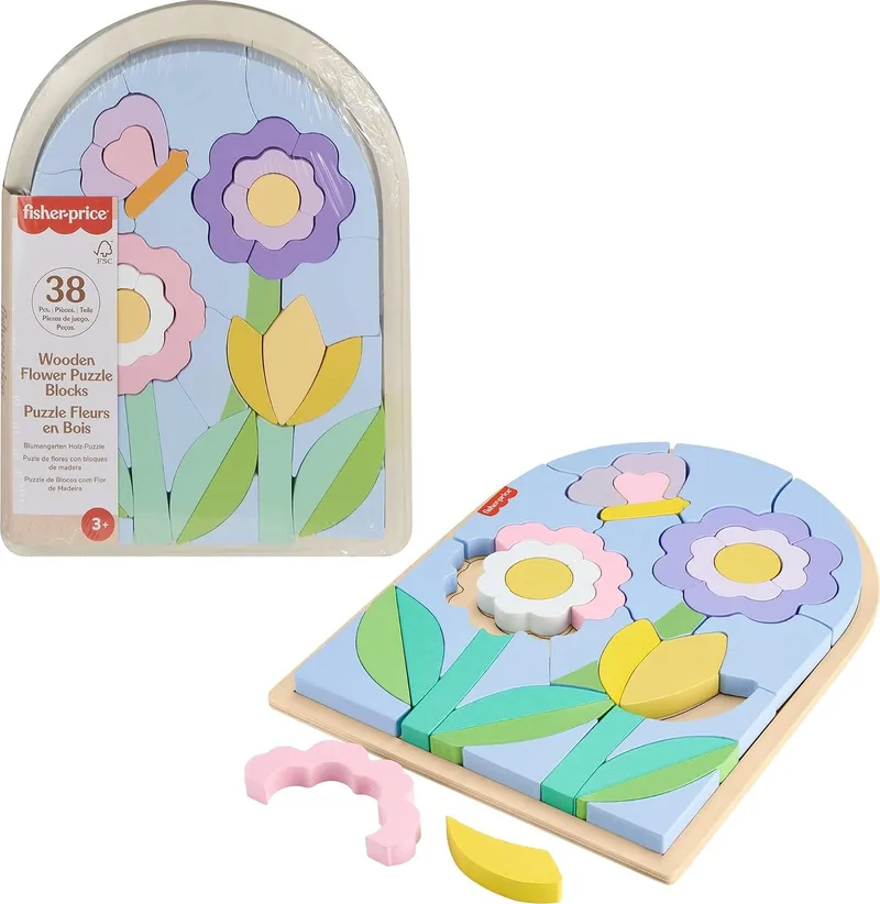 Fisher-Price ▫️ Puzzle de flores, jogo de imitação com 38 blocos de madeira com certificação FSC que ajuda a desenvolver a motricidade, brinquedo ideal para meninos e meninas a partir dos 3 anos, HXT97