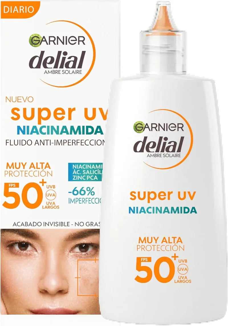Delial ▫️ GARNIER Creme Facial Fluido para Uso Diário, Proteção Solar Muito Elevada FPS 50+, Anti-imperfeições com Niacinamida, Fórmula Não Comedogénica, 40 ml