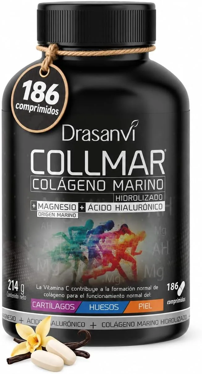 Drasanvi ▫️ COLÁGENO HIDROLISADO com Ácido Hialurónico, Magnésio e Vitamina C Natural - Ossos e Articulações - Colagénio Marinho 3 900 mg/dia | 186 comprimidos = 31 dias | Sabor a Baunilha