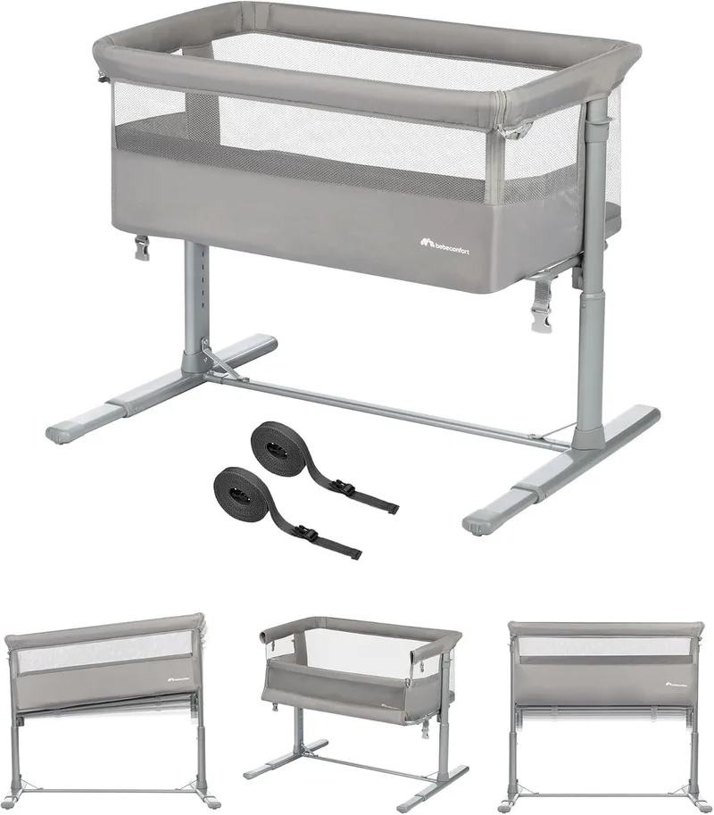 Bebeconfort ▫️ Zina Cama de bebé e berço independente Do nascimento aos 6 meses (0 a 9 kg), berço dobrável, 5 posições ajustáveis em altura, colchão reclinável, cinzento mineral