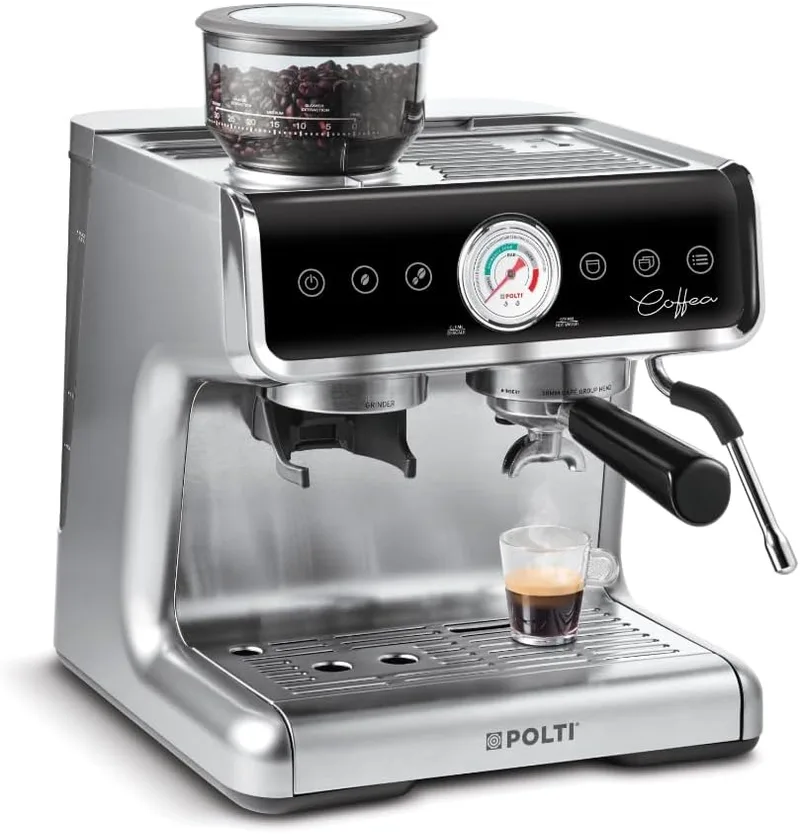 Polti ▫️ Coffea G50S – Máquina de café com moedor de grãos integrado, para expresso e cappuccino, 30 níveis de moagem, Steamymilk Professional para espumar leite, prateada
