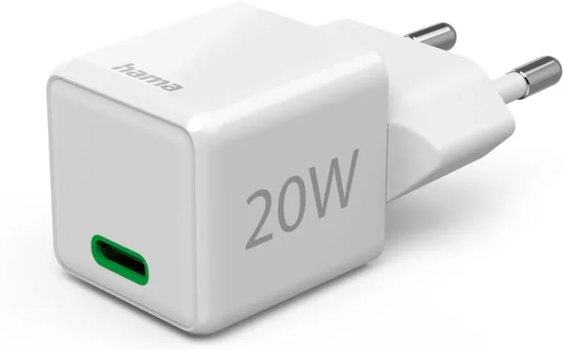 Hama ▫️ Super Mini Charger 220V (20W, 1 porta USB-C, QC+PD, rápido, para iPhone 11 e superior) Branco